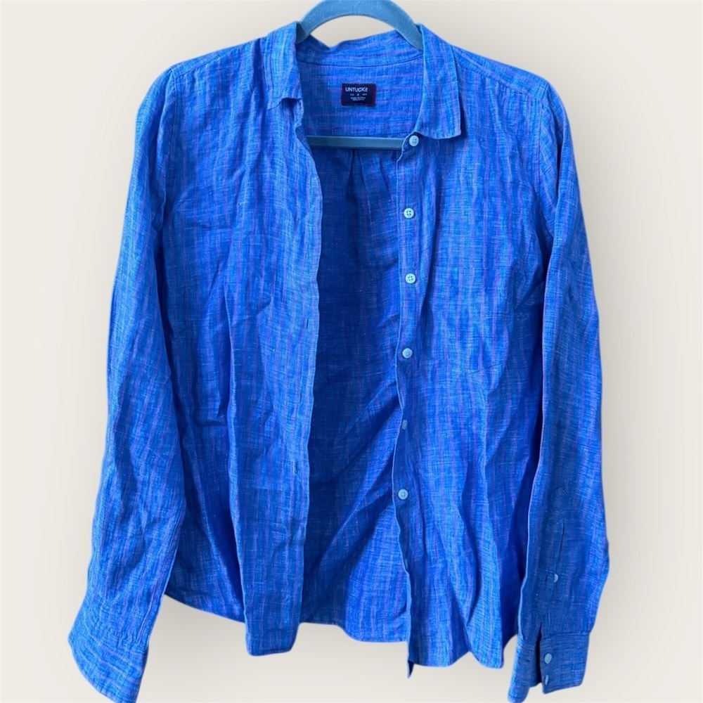 UNTUCKIT blue 100% Linen button up long sleeve with stripes women’s size 6